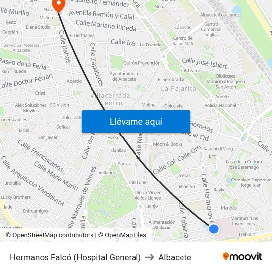 Hermanos Falcó (Hospital General) to Albacete map