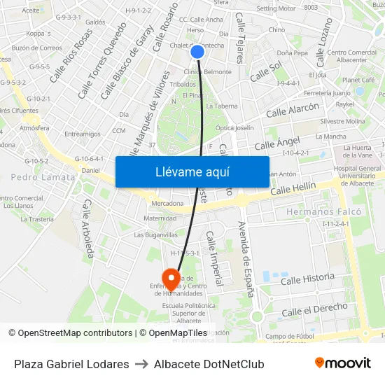 Plaza Gabriel Lodares to Albacete DotNetClub map