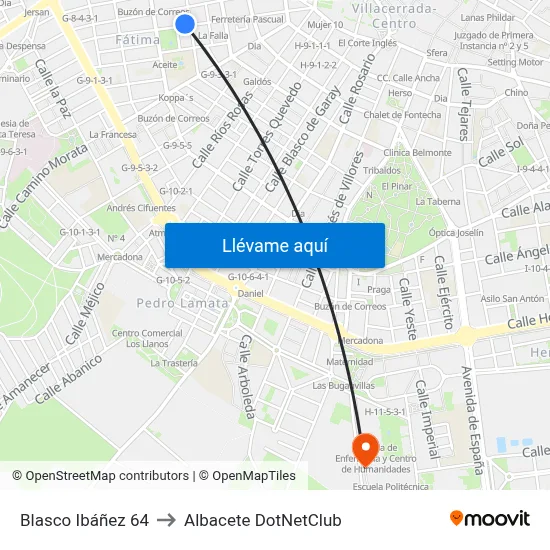 Blasco Ibáñez 64 to Albacete DotNetClub map