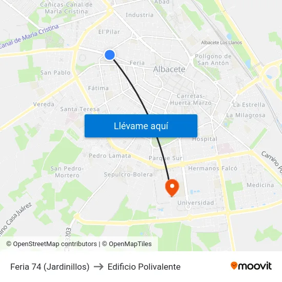 Feria 74 (Jardinillos) to Edificio Polivalente map