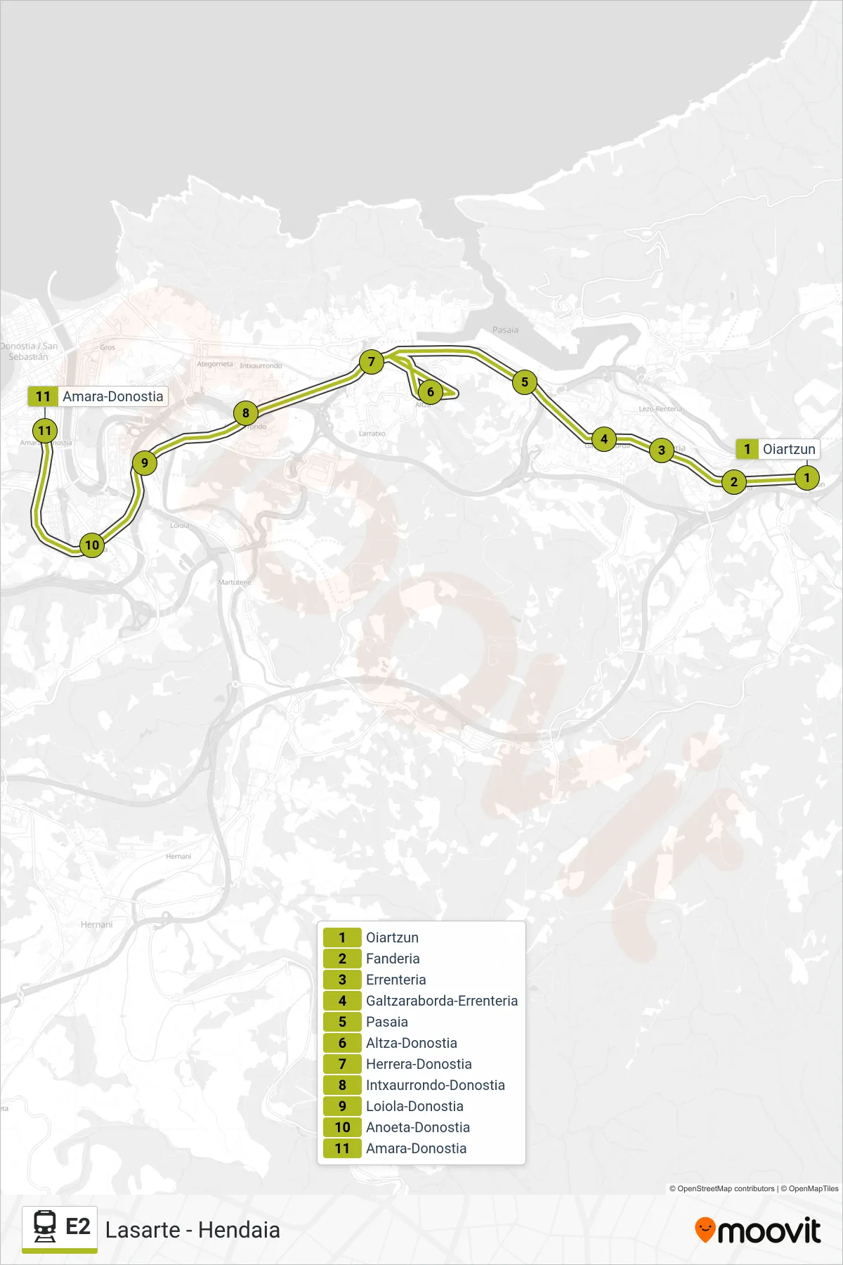 Recorrido y paradas de la línea E2 de tren (Oiartzun→Amara-Donostia) en el mapa