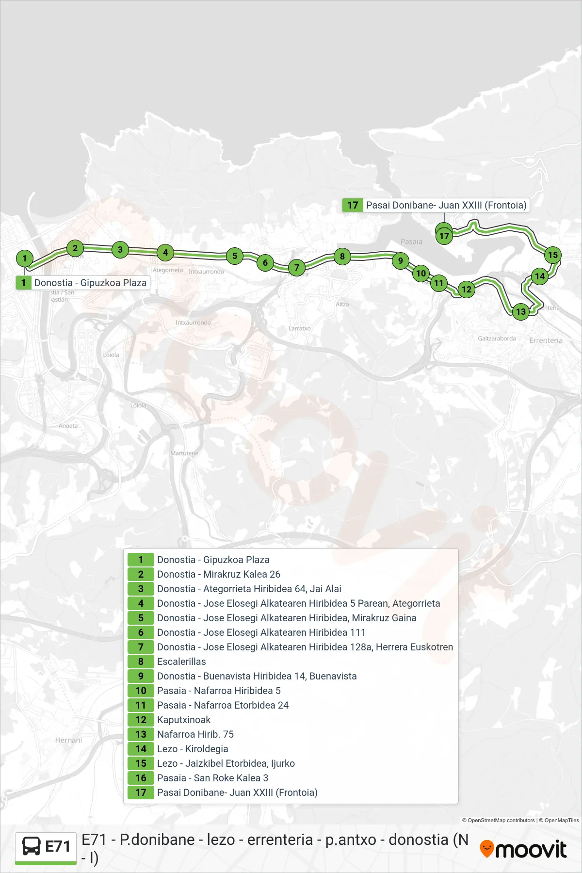 Recorrido y paradas de la línea E71 de autobús (Donostia - Gipuzkoa Plaza→Pasai Donibane- Juan XXIII (Frontoia)) en el mapa