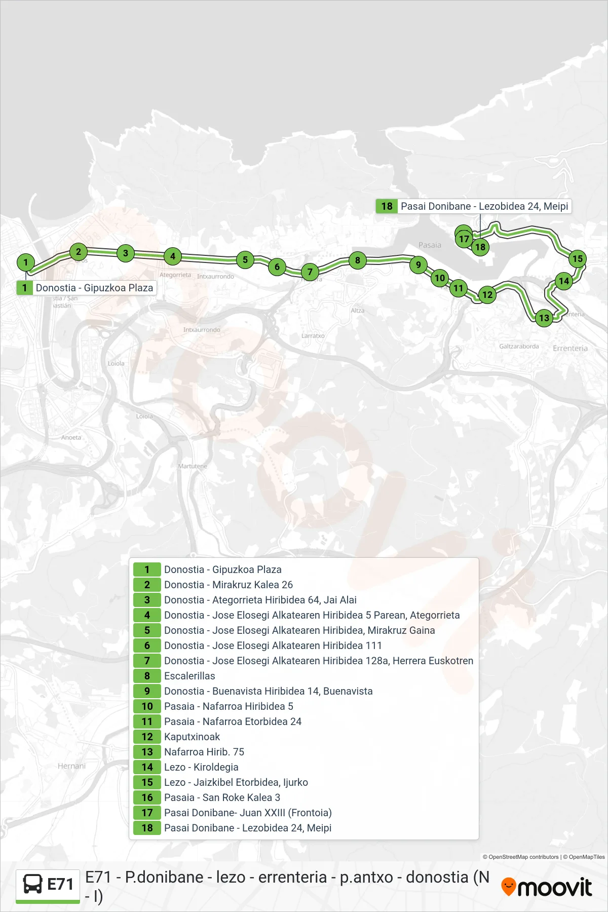 E71 bus Line (Donostia - Gipuzkoa Plaza‎→Pasai Donibane - Lezobidea 24, Meipi) route and stops on a map