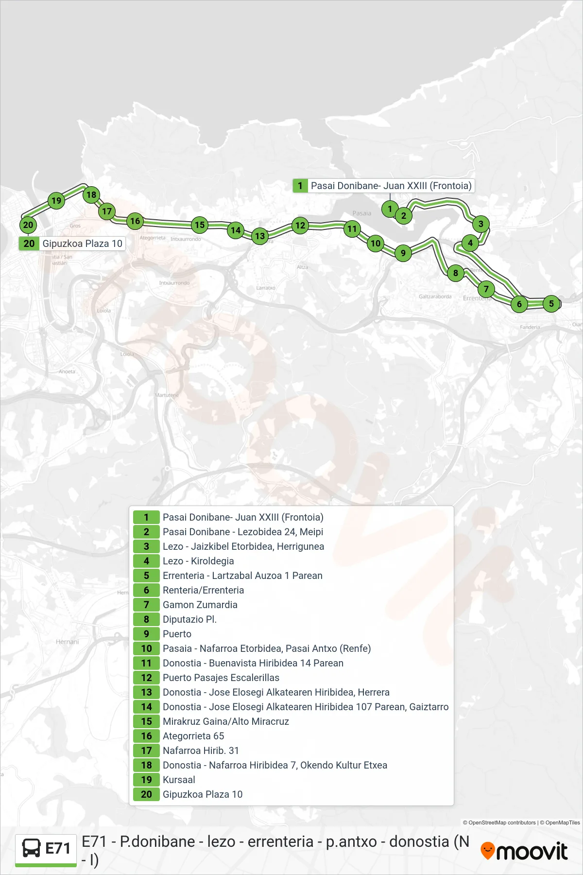 E71 bus Line (Pasai Donibane- Juan XXIII (Frontoia)→Donostia - Gipuzkoa Plaza 10) route and stops on a map