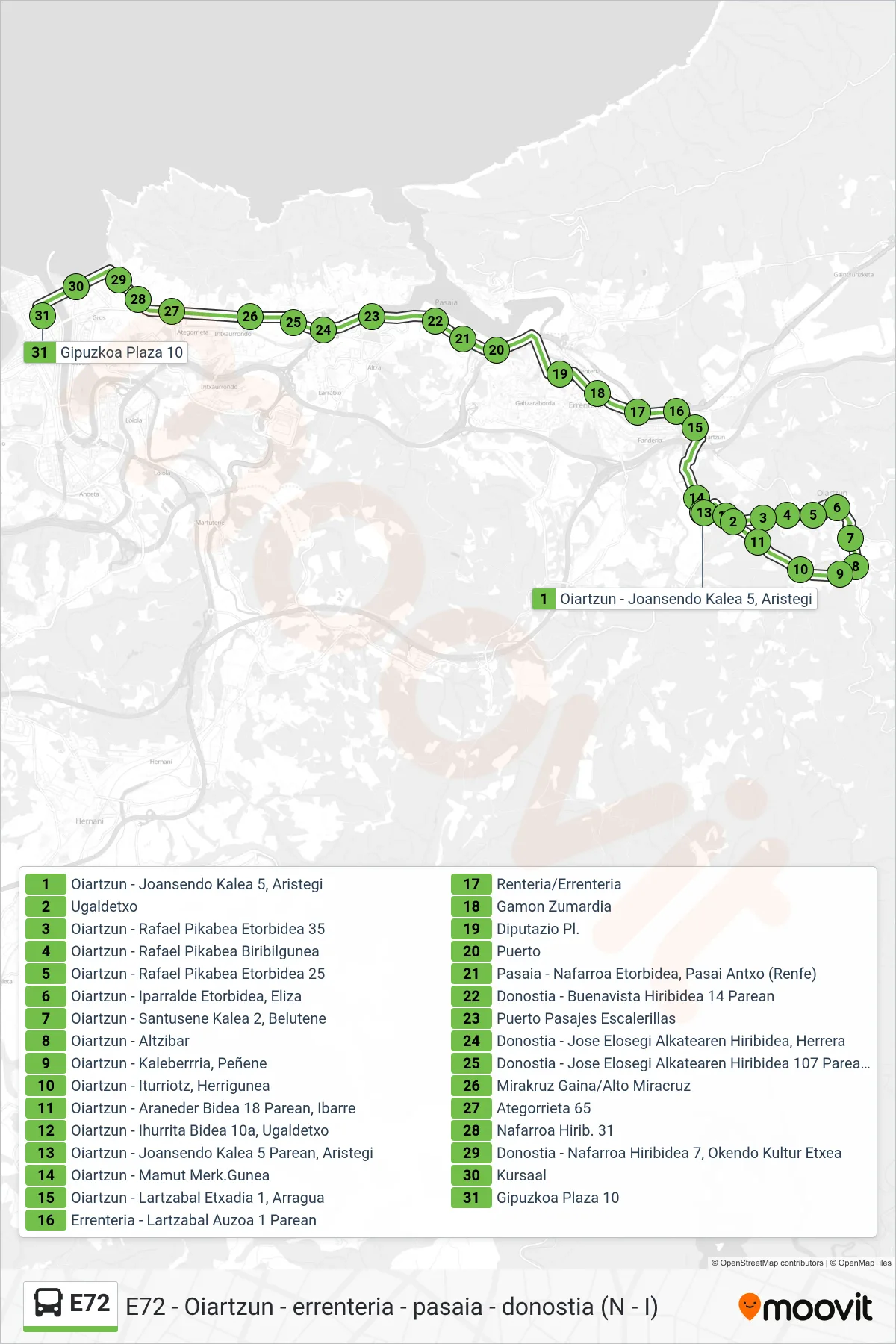 E72 bus Line (Oiartzun - Joansendo Kalea 5, Aristegi‎→Donostia - Gipuzkoa Plaza 10) route and stops on a map