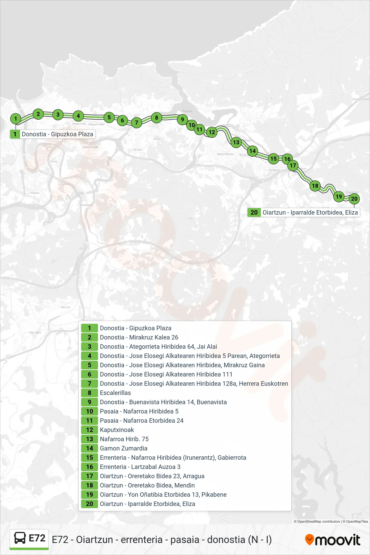 E72 bus Line (Donostia - Gipuzkoa Plaza‎→Oiartzun - Iparralde Etorbidea, Eliza) route and stops on a map