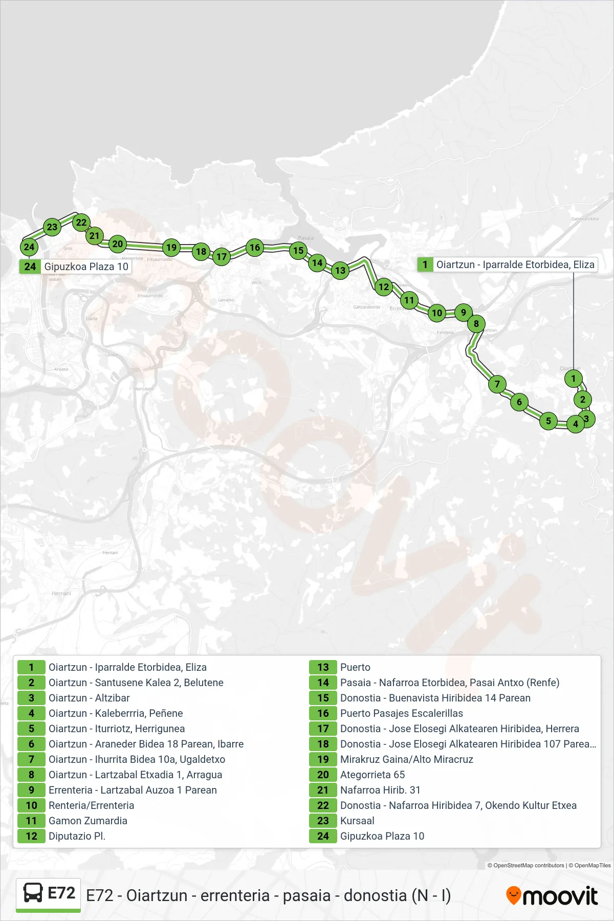 E72 bus Line (Oiartzun - Iparralde Etorbidea, Eliza‎→Donostia - Gipuzkoa Plaza 10) route and stops on a map