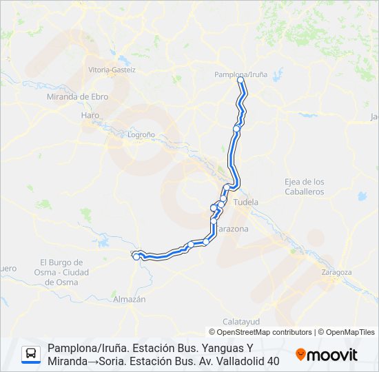 Mapa de PAMPLONA/IRUÑA-SORIA (POR CARRETERA) de autobús