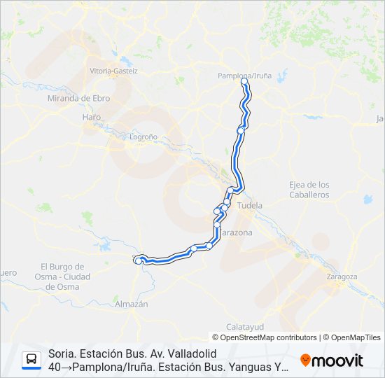 Mapa de PAMPLONA/IRUÑA-SORIA (POR CARRETERA) de autobús