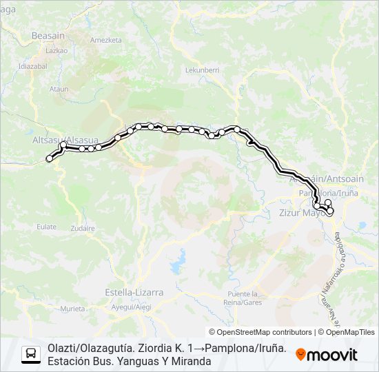 Mapa de PAMPLONA/IRUÑA - OLAZTI/OLAZAGUTÍA de autobús