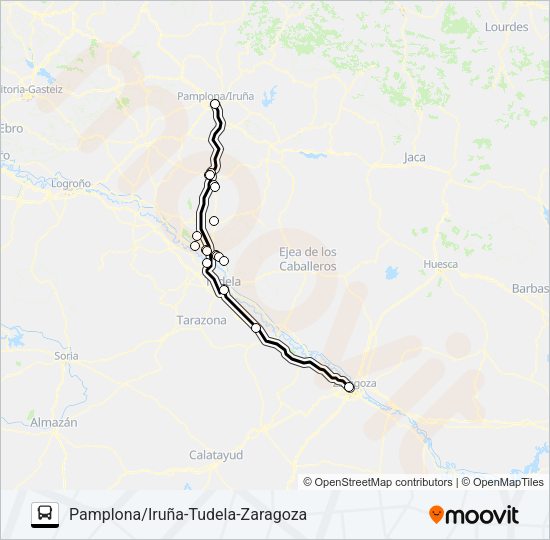 Mapa de PAMPLONA/IRUÑA-TUDELA-ZARAGOZA de autobús