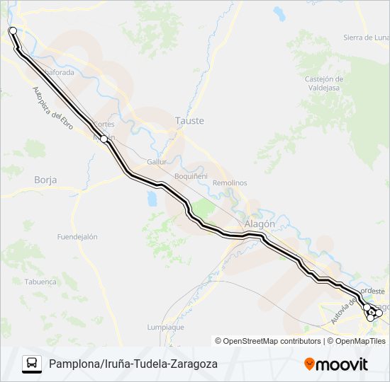 Mapa de PAMPLONA/IRUÑA-TUDELA-ZARAGOZA de autobús