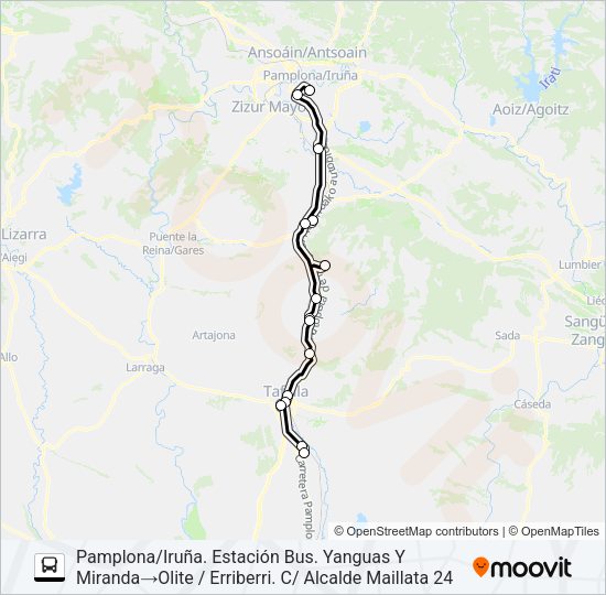Mapa de TAFALLA - PAMPLONA/IRUÑA (CARRETERA) de autobús