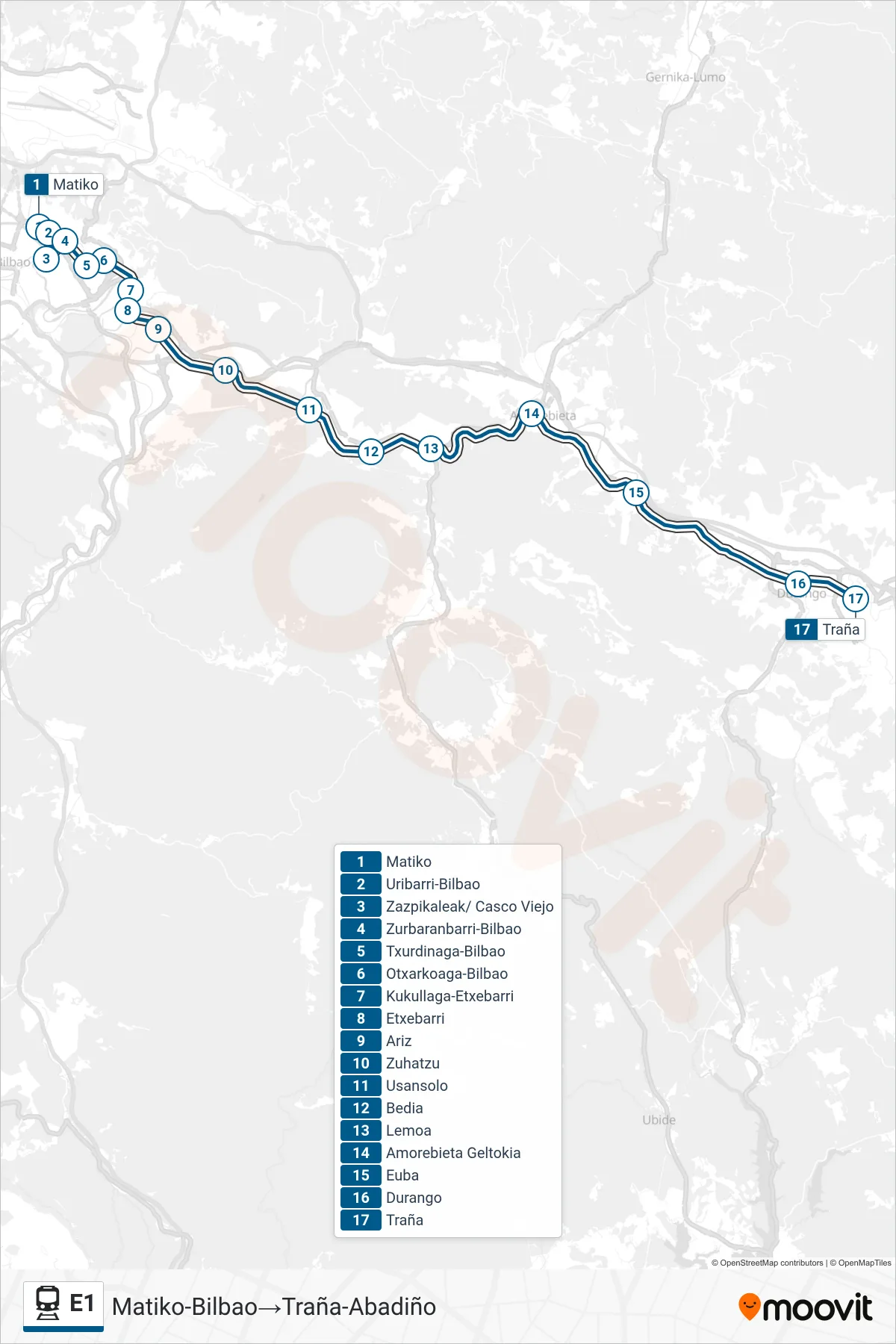 Ruta i parades de la línia E1 tren (Matiko-Bilbao‎→Traña-Abadiño) en un mapa