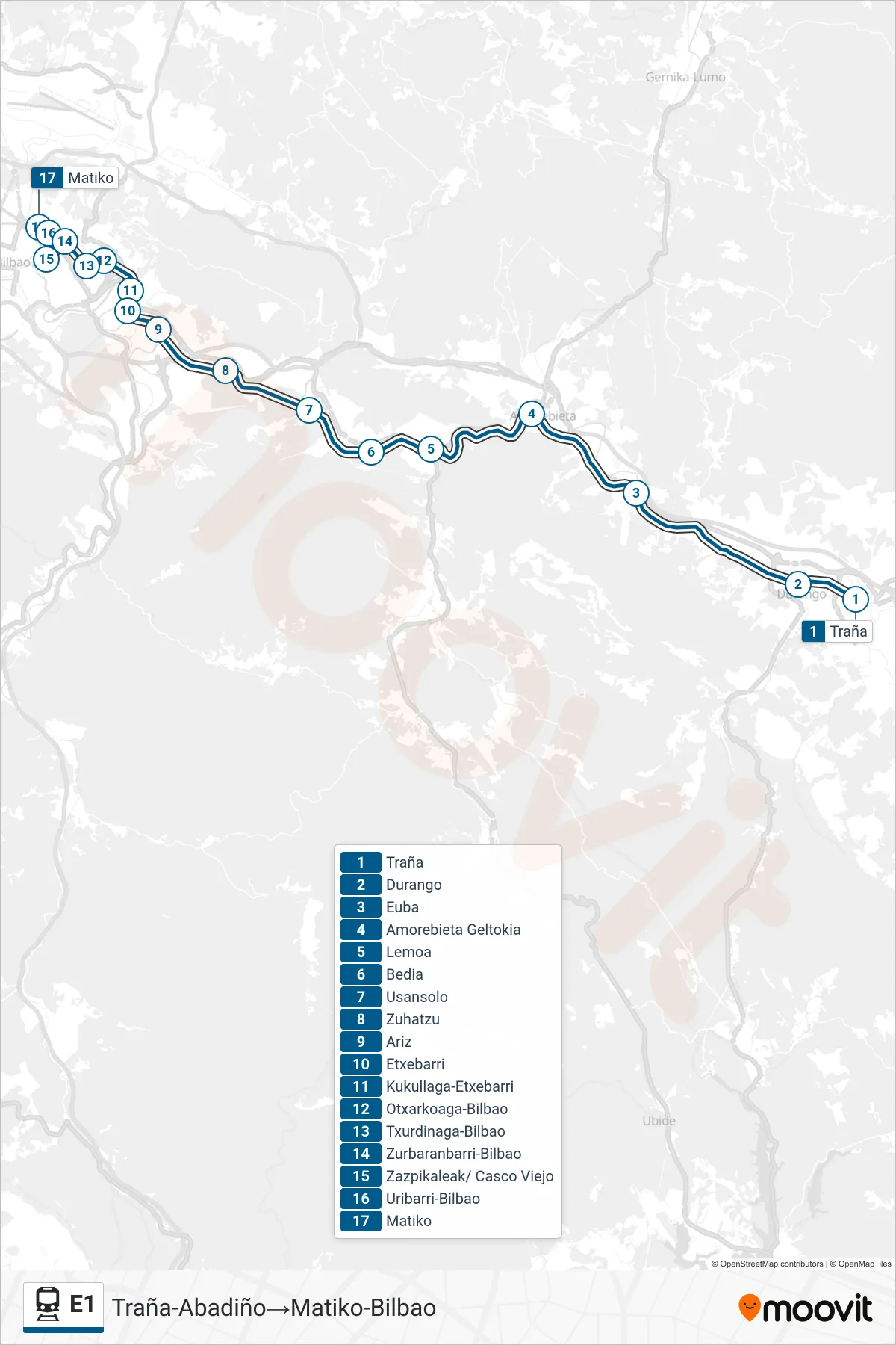 Ruta i parades de la línia E1 rail (Traña-Abadiño‎→Matiko-Bilbao) en un mapa