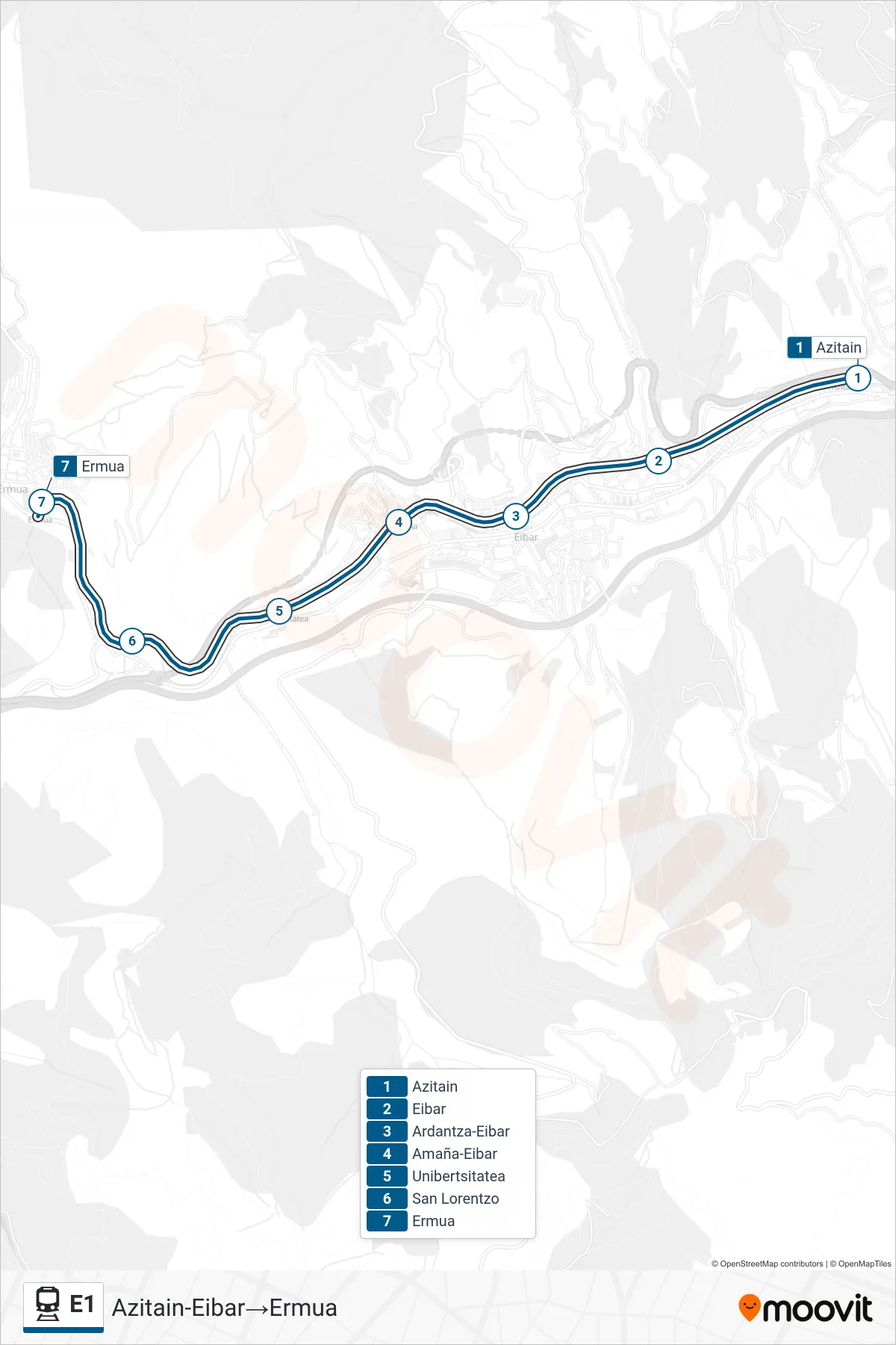 Ruta i parades de la línia E1 rail (Azitain-Eibar‎→Ermua) en un mapa