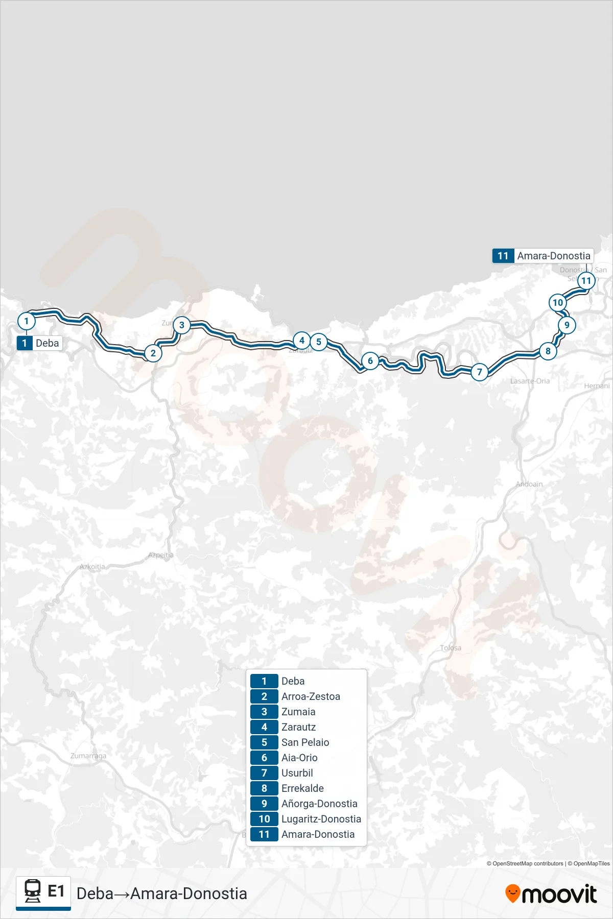 E1 rail Line (Deba‎→Amara-Donostia) route and stops on a map