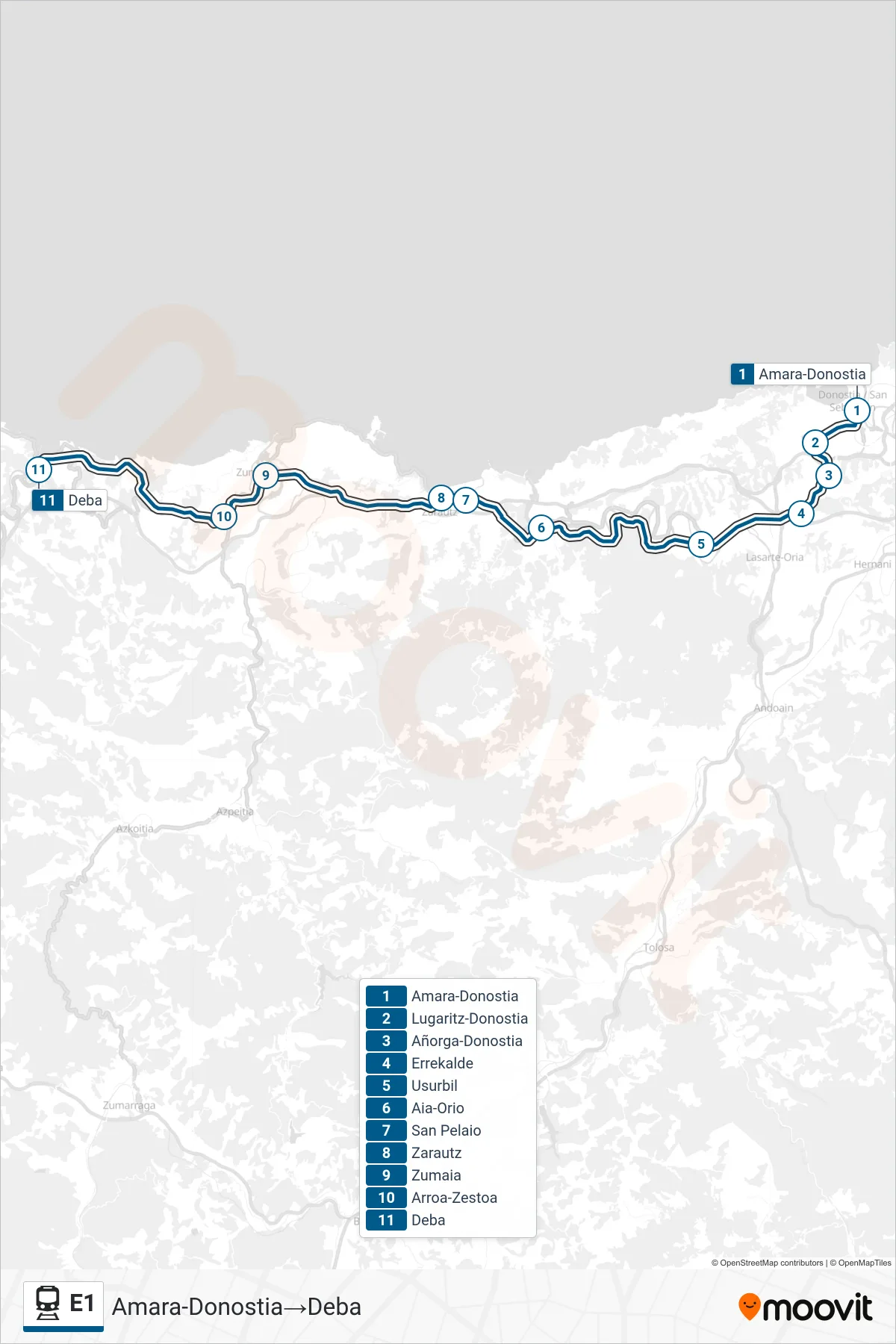 E1 train Line (Amara-Donostia‎→Deba) route and stops on a map