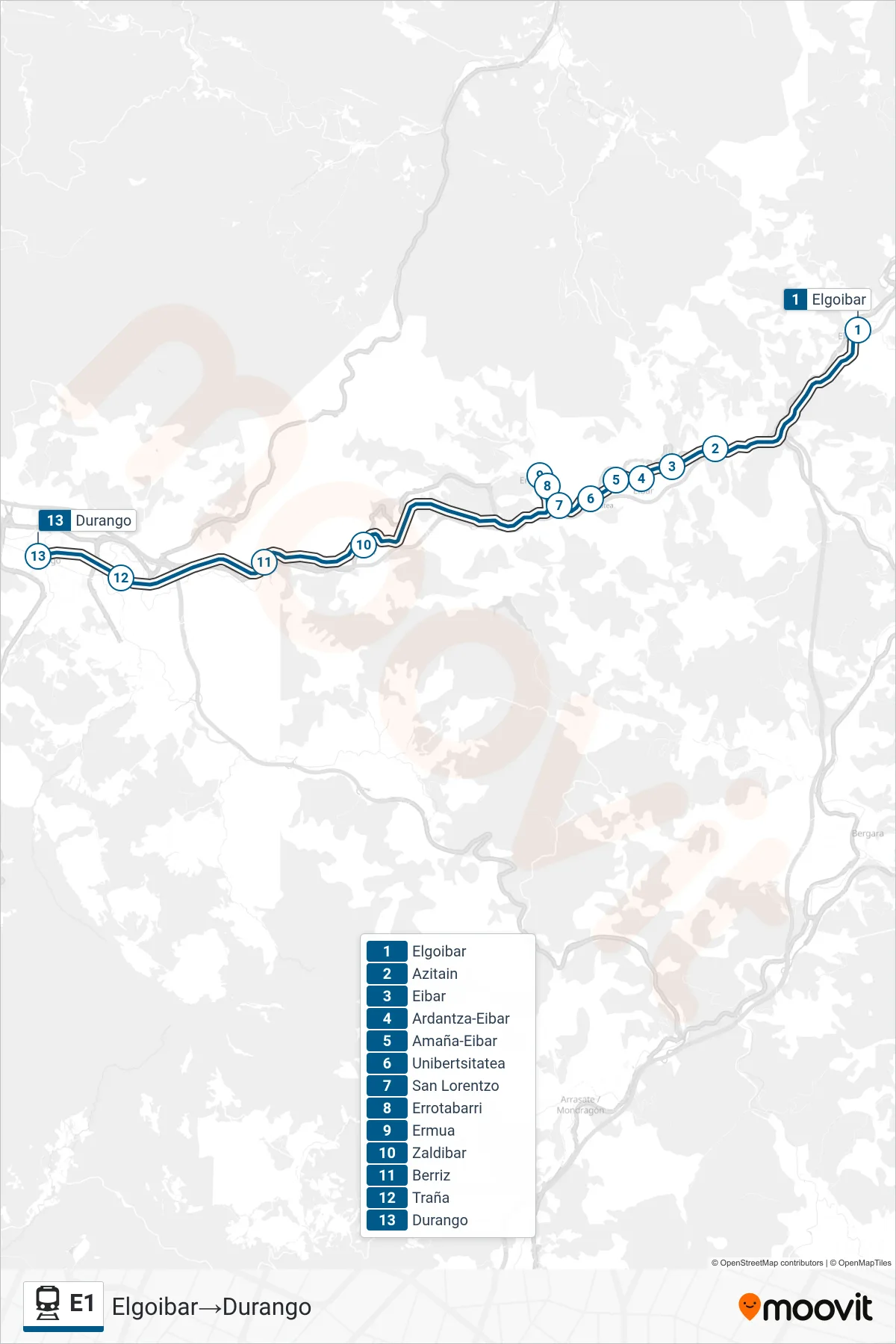 E1 rail Line (Elgoibar‎→Durango) route and stops on a map