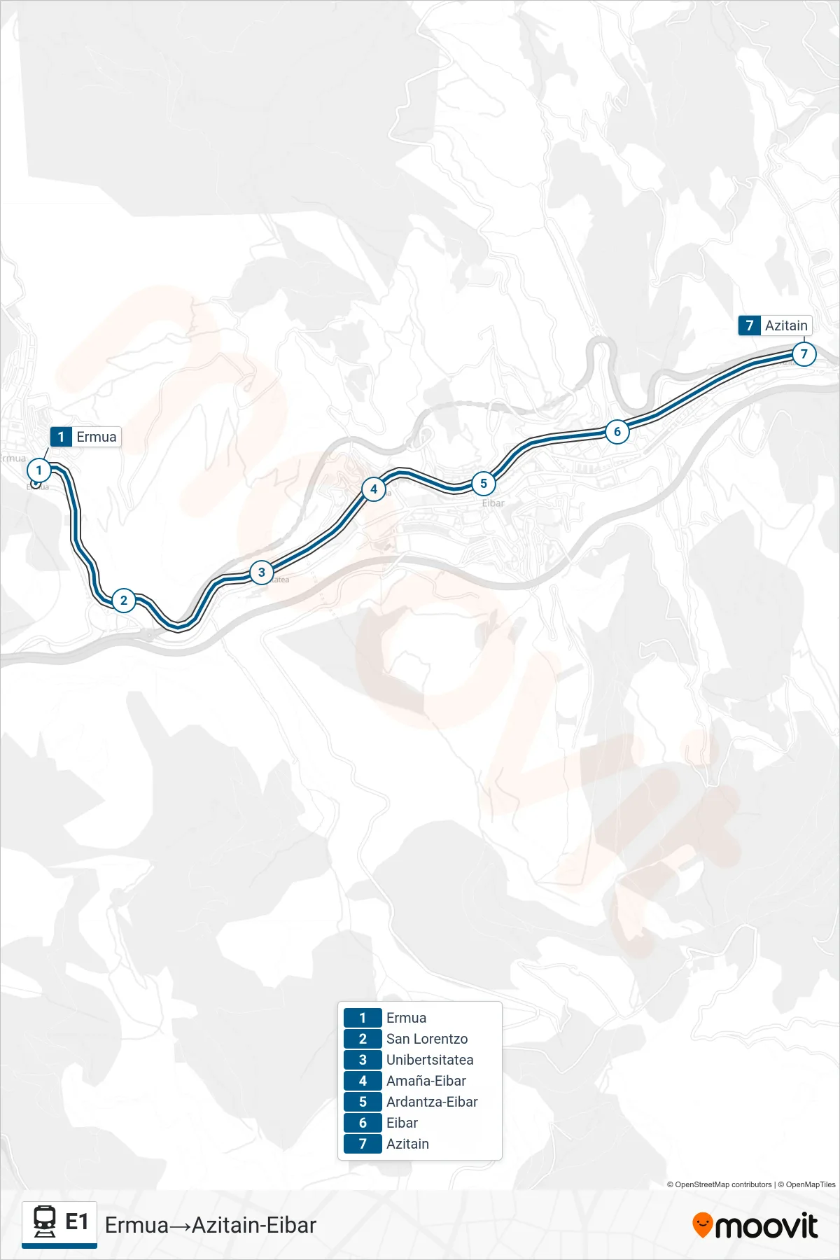 E1 train Line (Ermua‎→Azitain-Eibar) route and stops on a map