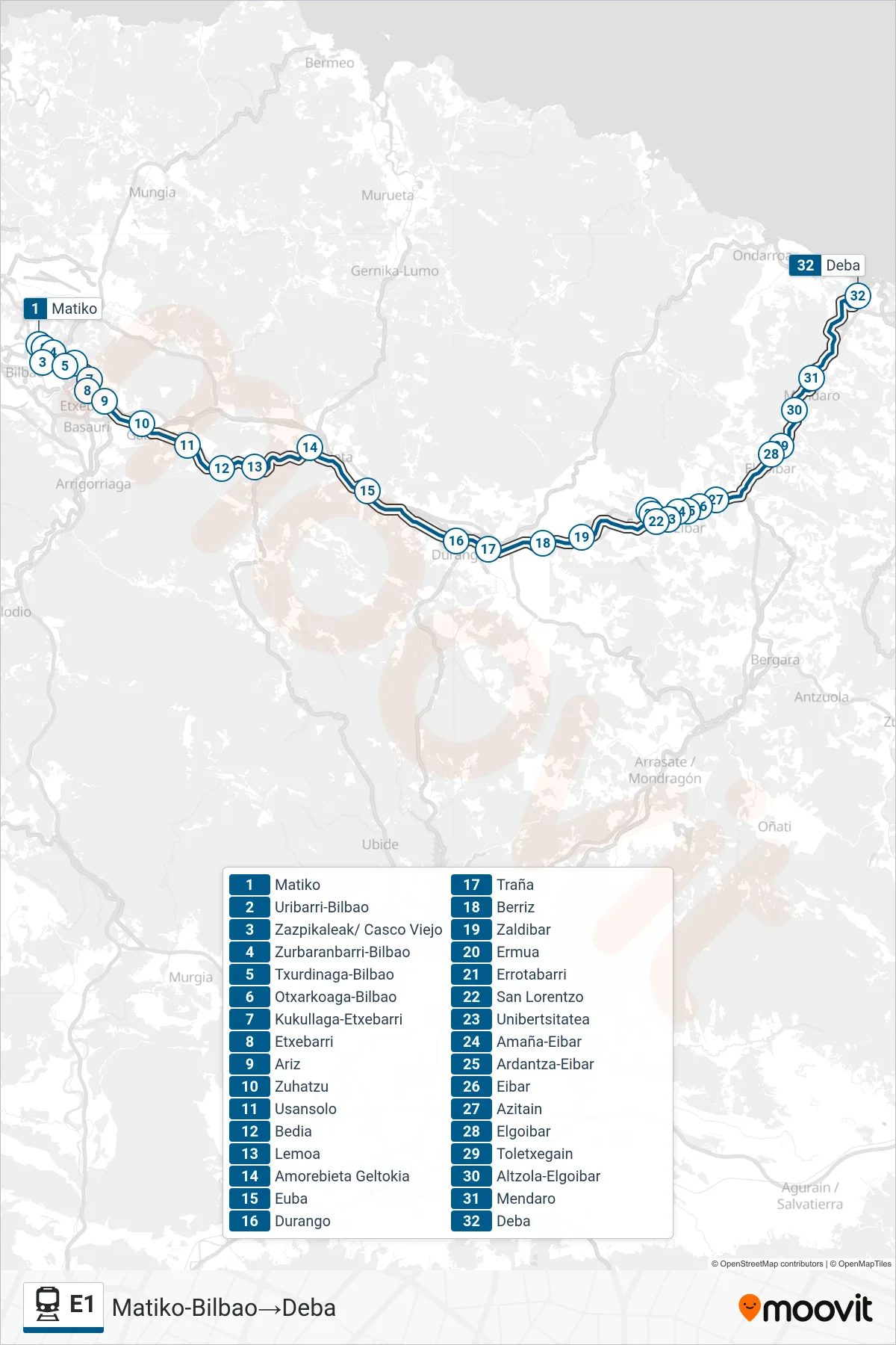 E1 train Line (Matiko-Bilbao‎→Deba) route and stops on a map