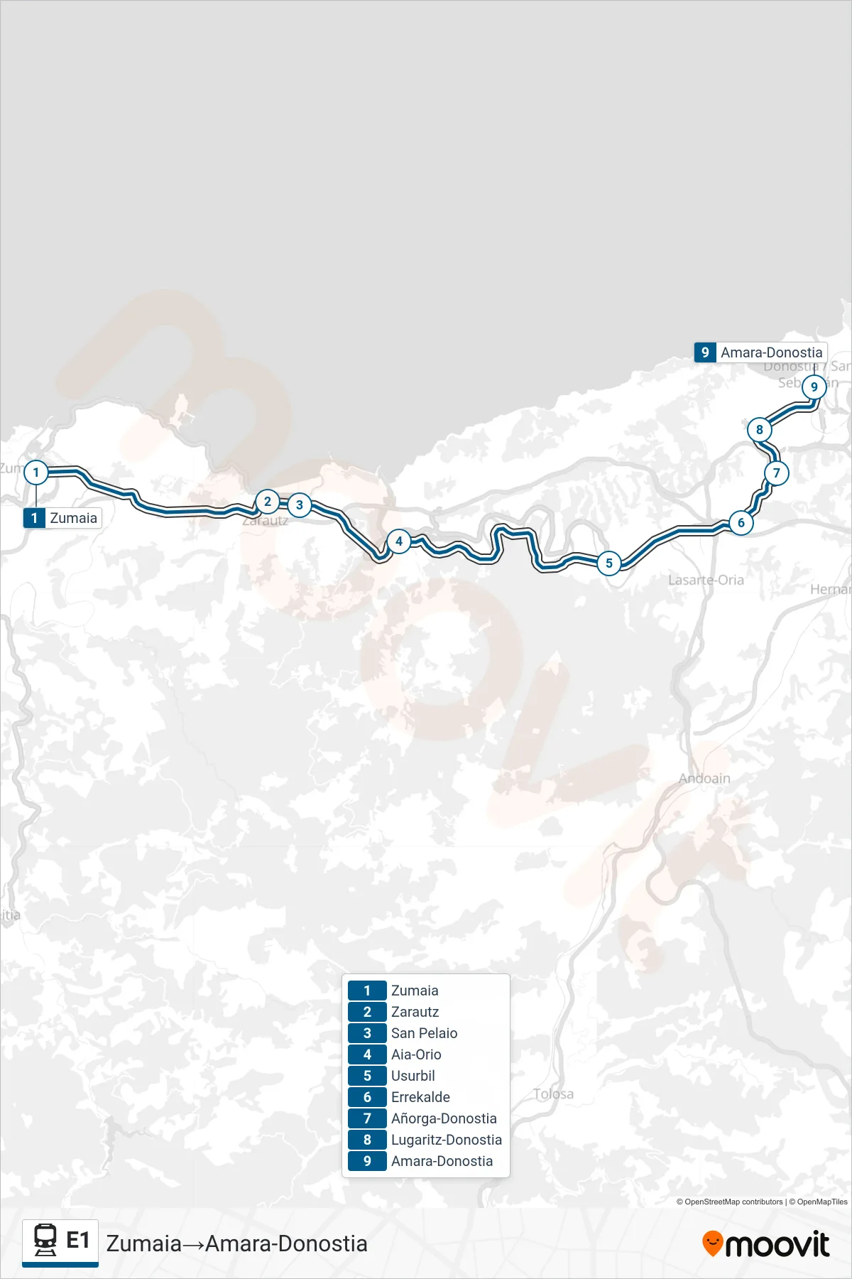 Recorrido y paradas de la línea E1 de tren (Zumaia→Amara-Donostia) en el mapa