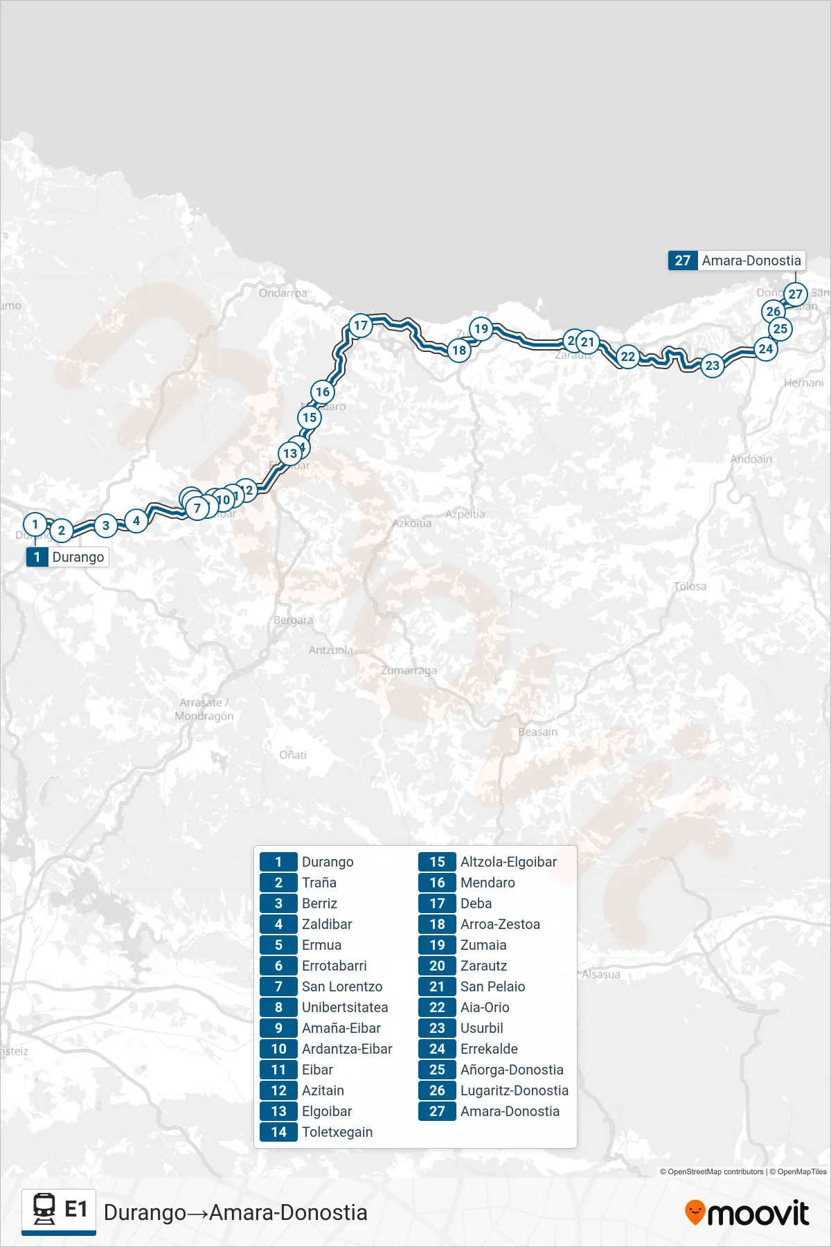 E1 rail Line (Durango‎→Amara-Donostia) route and stops on a map