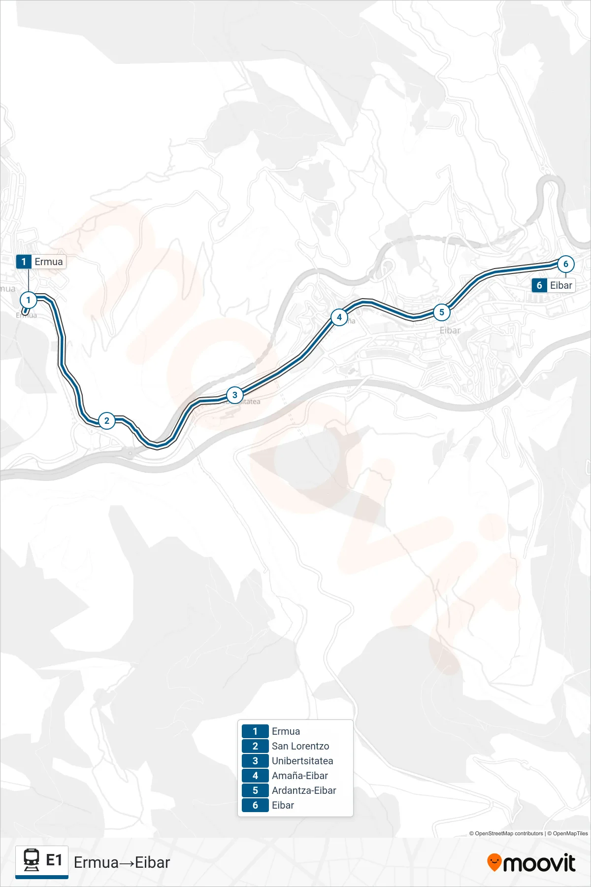 Ruta i parades de la línia E1 rail (Ermua‎→Eibar) en un mapa