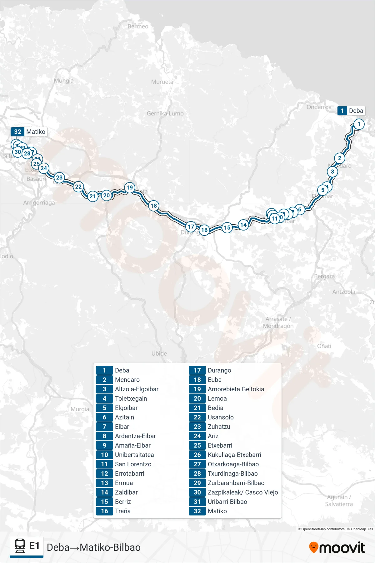 E1 rail Line (Deba‎→Matiko-Bilbao) route and stops on a map