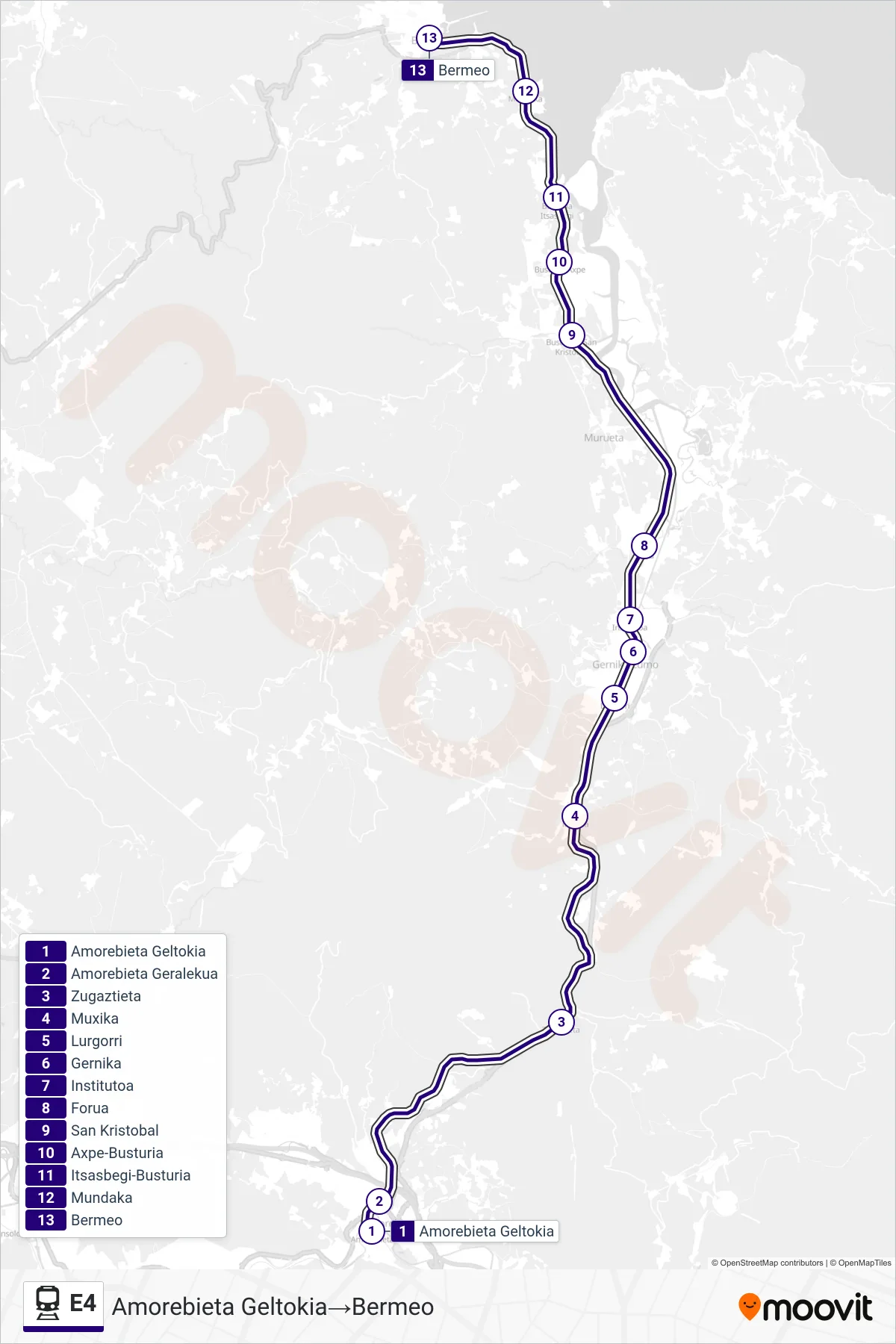 Recorrido y paradas de la línea E4 de tren (Amorebieta Geltokia→Bermeo) en el mapa