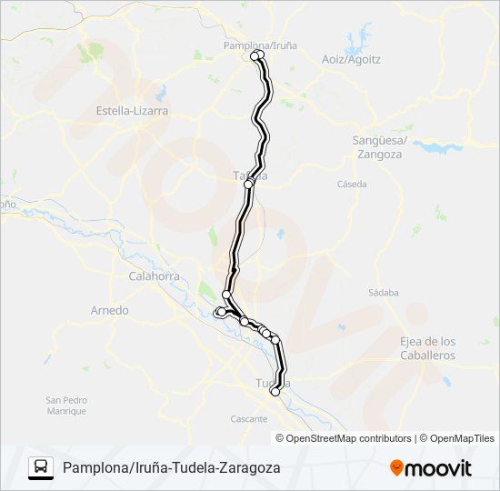 Mapa de PAMPLONA/IRUÑA-TUDELA-ZARAGOZA de autobús