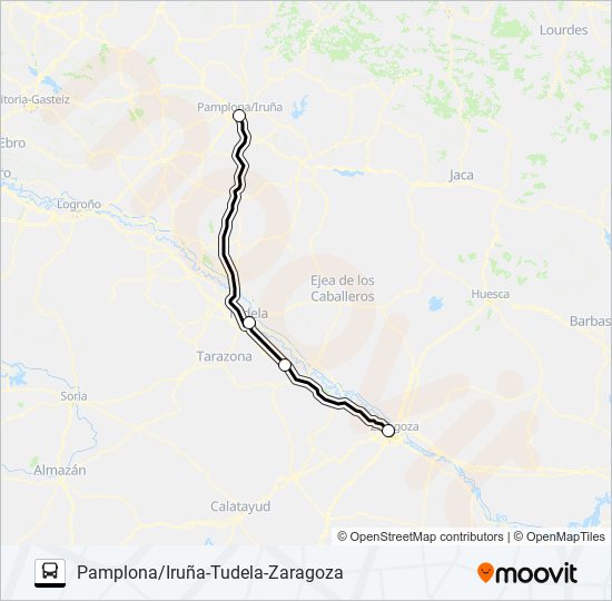 Mapa de PAMPLONA/IRUÑA-TUDELA-ZARAGOZA de autobús