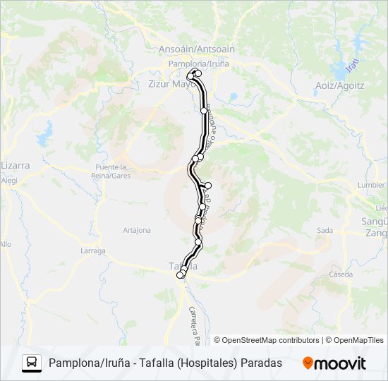 Mapa de TAFALLA - PAMPLONA/IRUÑA (CARRETERA) de autobús