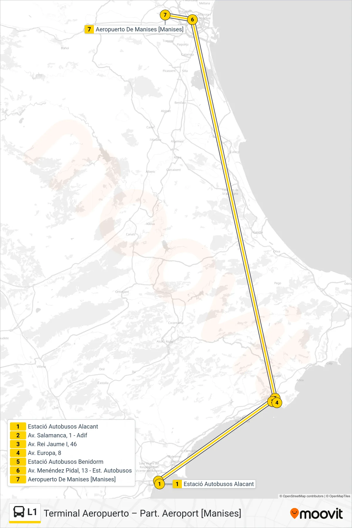 L1 bus Line (Terminal Aeropuerto – Part. Aeroport [Manises]) route and stops on a map