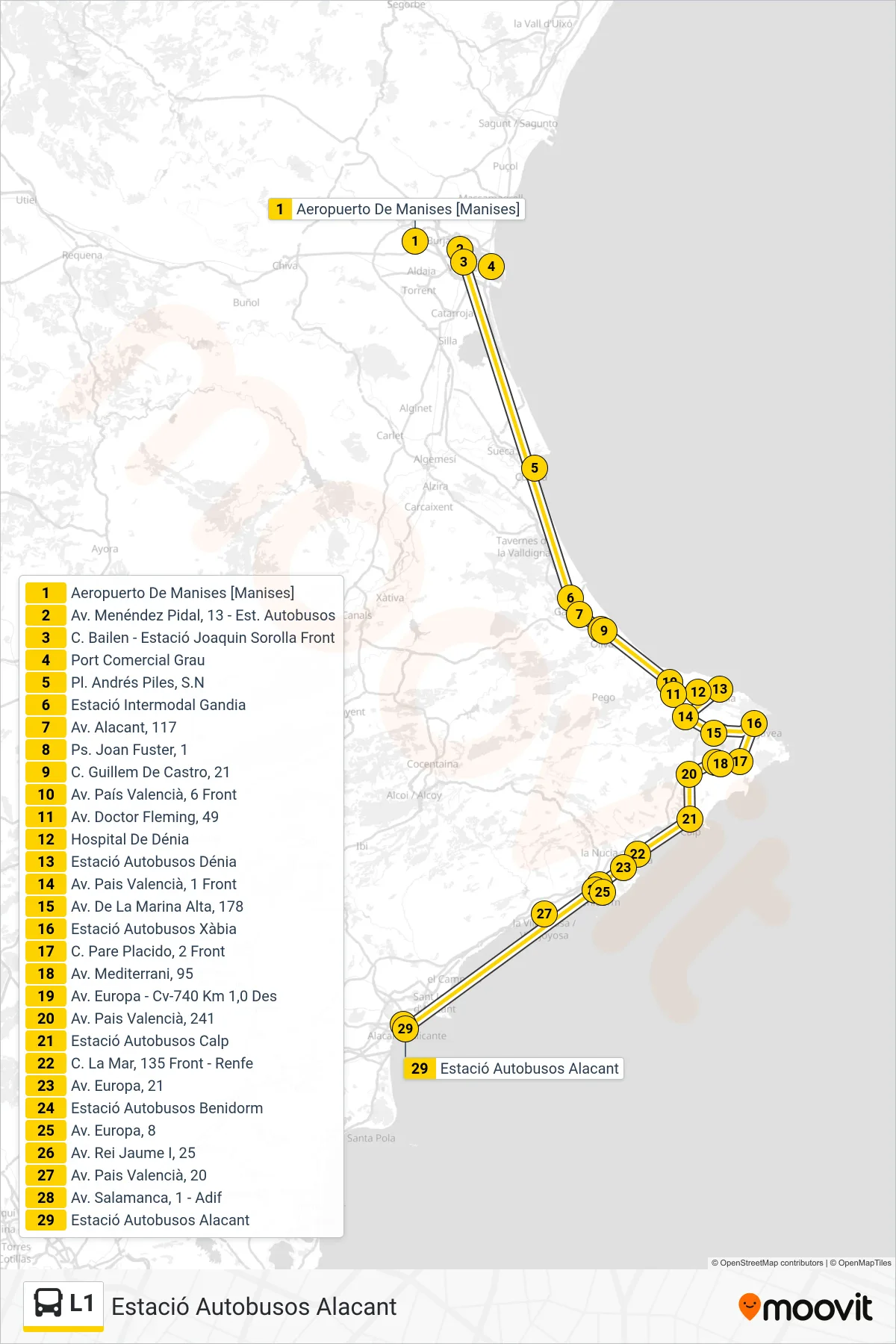 L1 bus Line (Estació Autobusos Alacant) route and stops on a map