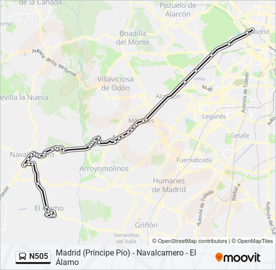 Mapa de N505 de autobús