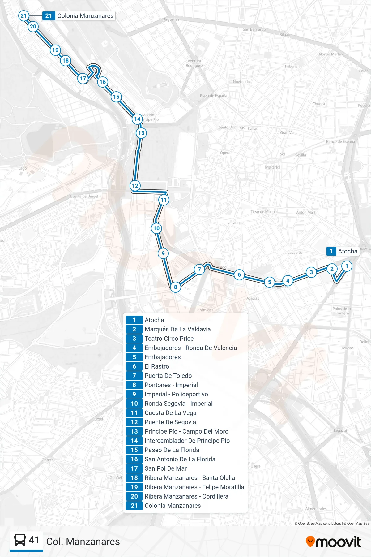 41 bus Line (Col. Manzanares) route and stops on a map