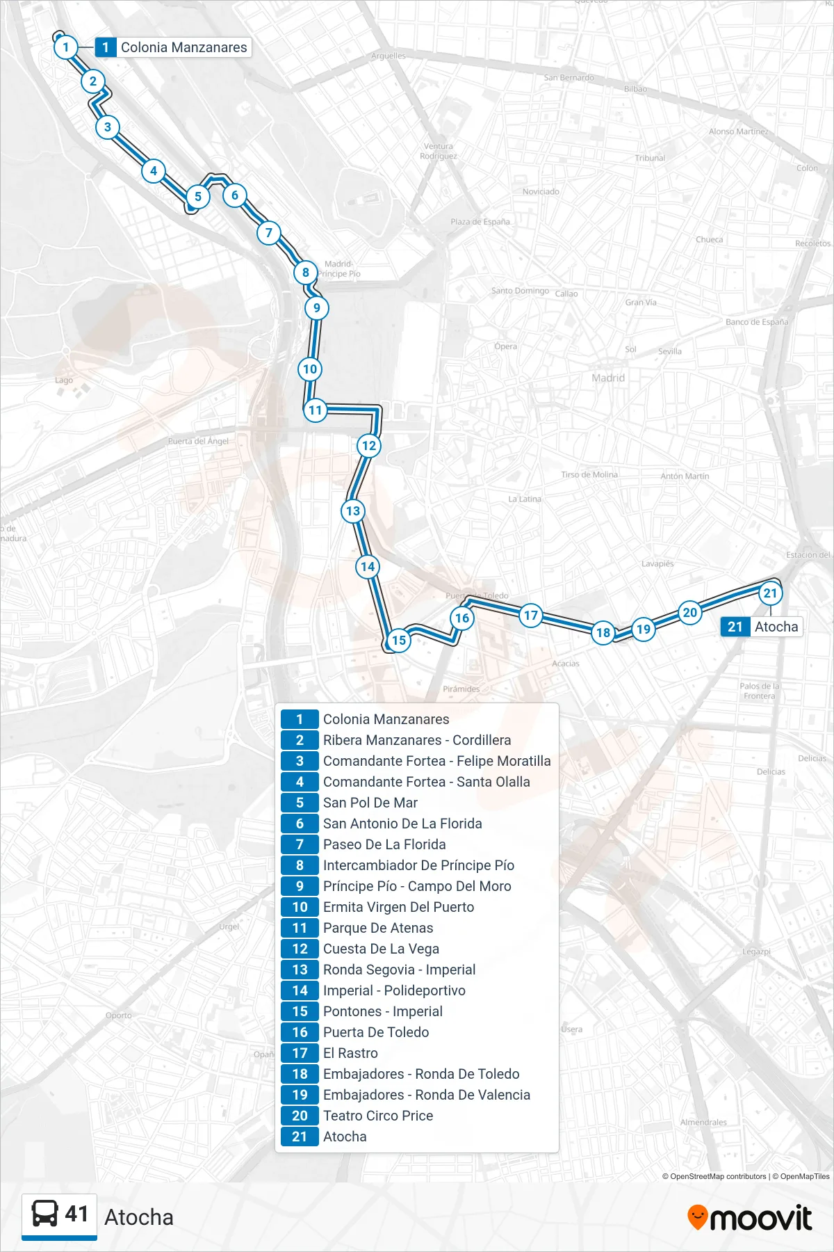 Recorrido y paradas de la línea 41 de autobús (Atocha) en el mapa