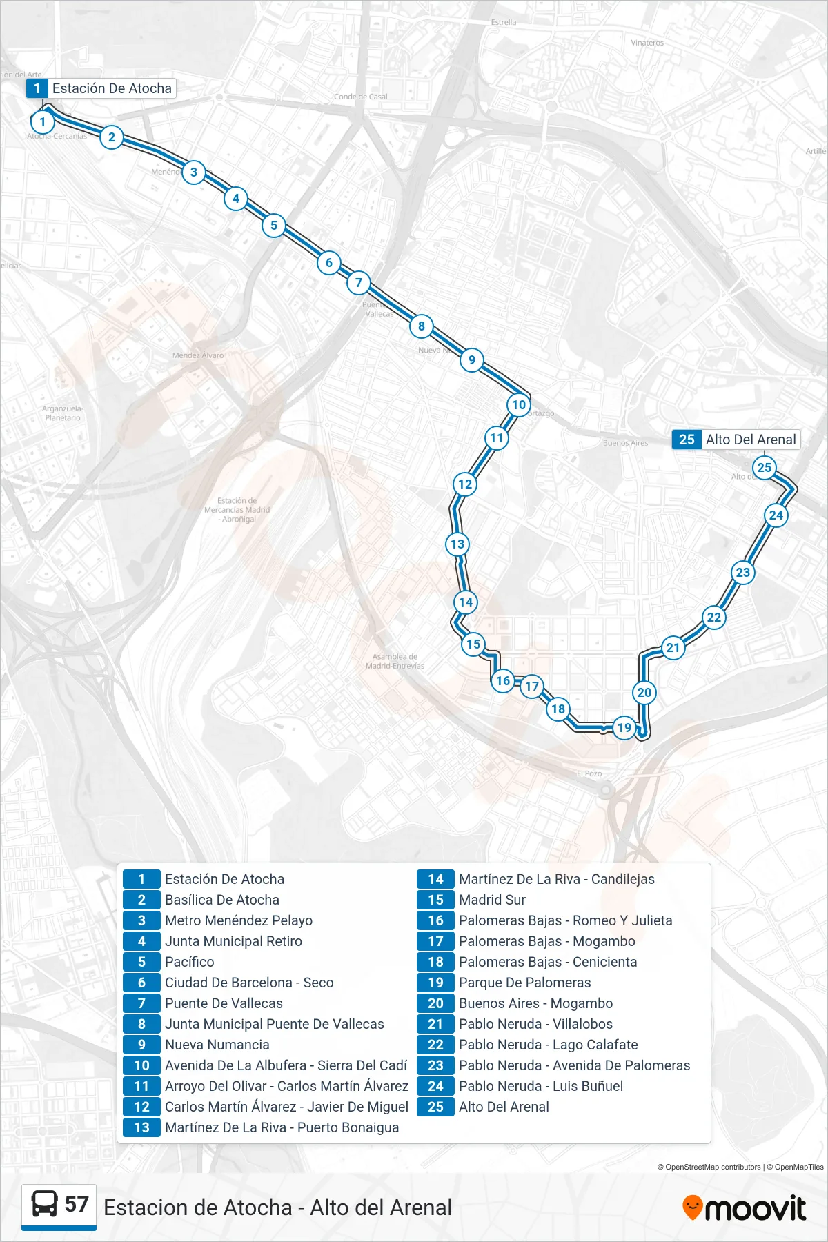 Recorrido y paradas de la línea 57 de autobús (Alto Del Arenal) en el mapa