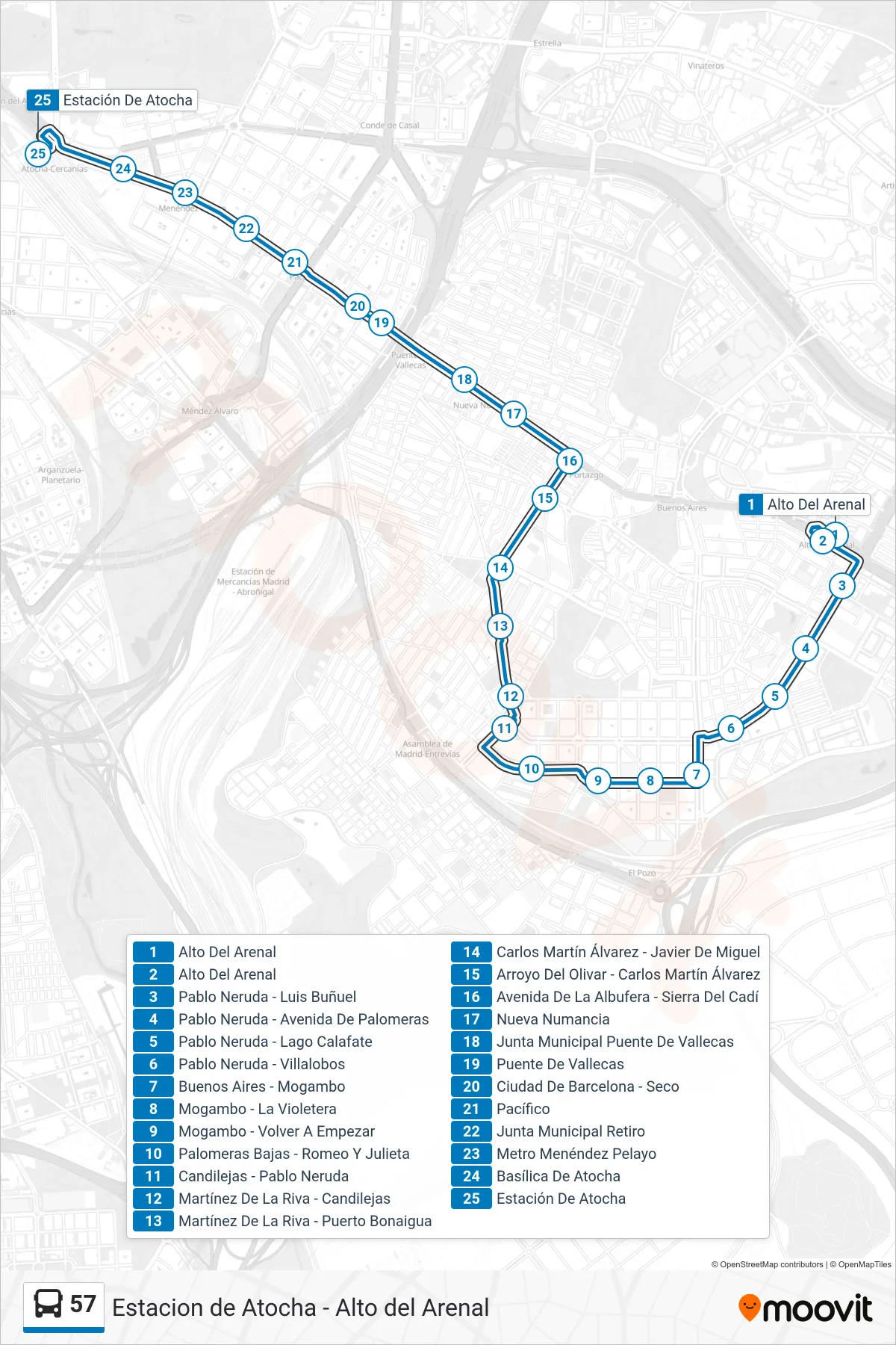 Recorrido y paradas de la línea 57 de autobús (Estacion Atocha) en el mapa