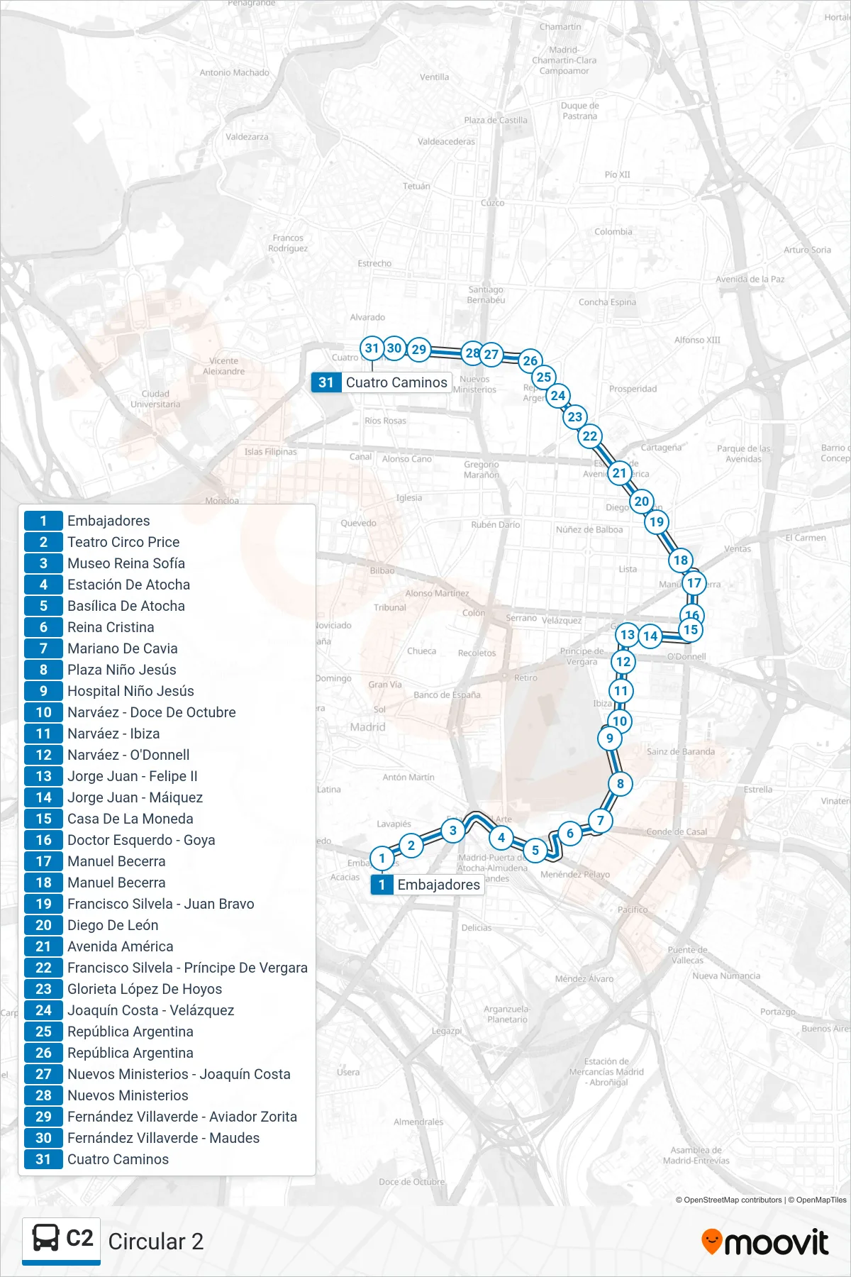 C2 bus Line (Circular 2) route and stops on a map