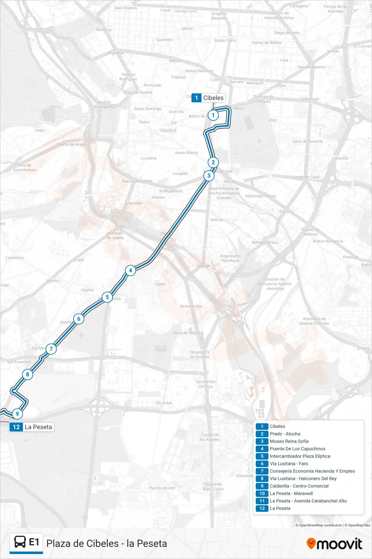 Ruta i parades de la línia E1 bus (La Peseta) en un mapa