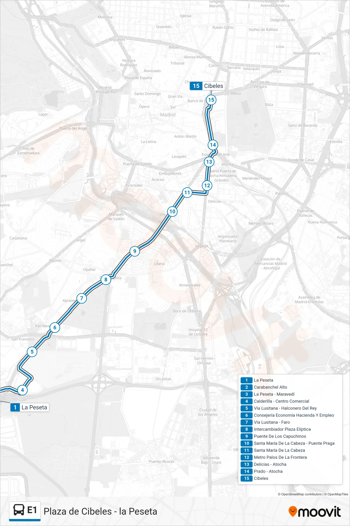 E1 bus Line (Cibeles) route and stops on a map
