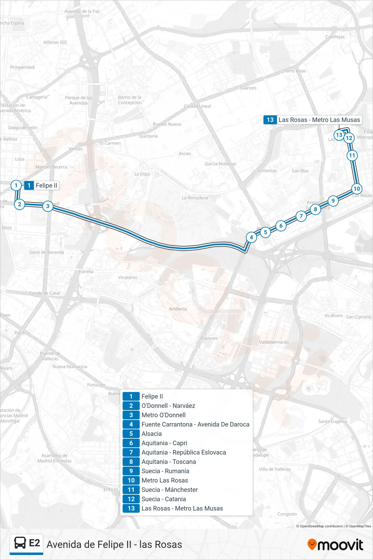 E2 bus Line (Las Rosas) route and stops on a map