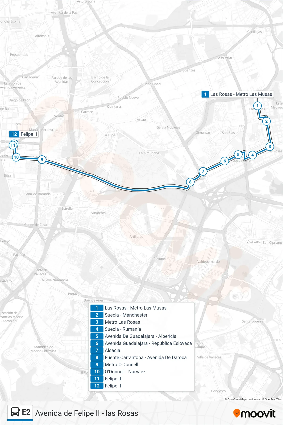 Recorrido y paradas de la línea E2 de autobús (Felipe II) en el mapa