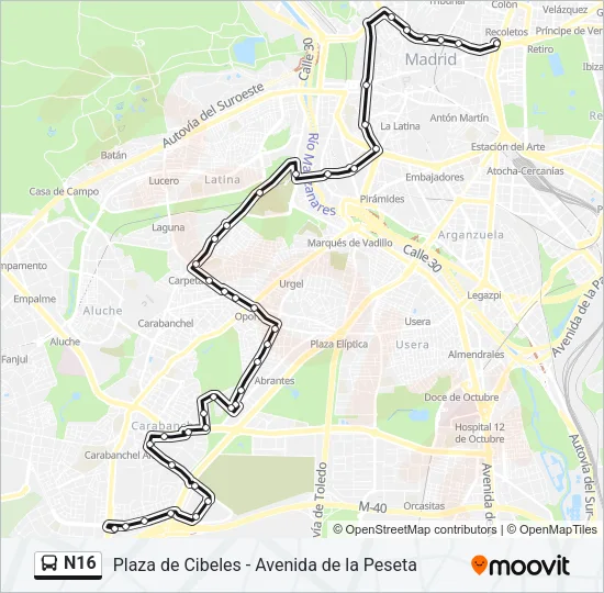 N16 bus Mapa de línia