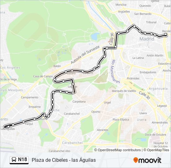 Mapa de N18 de autobús