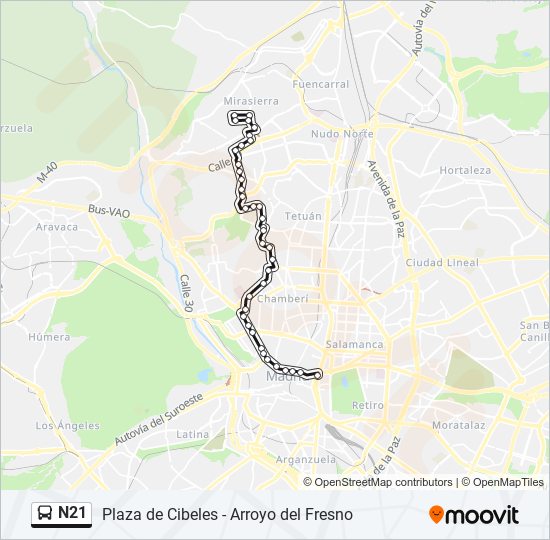 Mapa de N21 de autobús