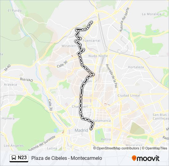 Mapa de N23 de autobús