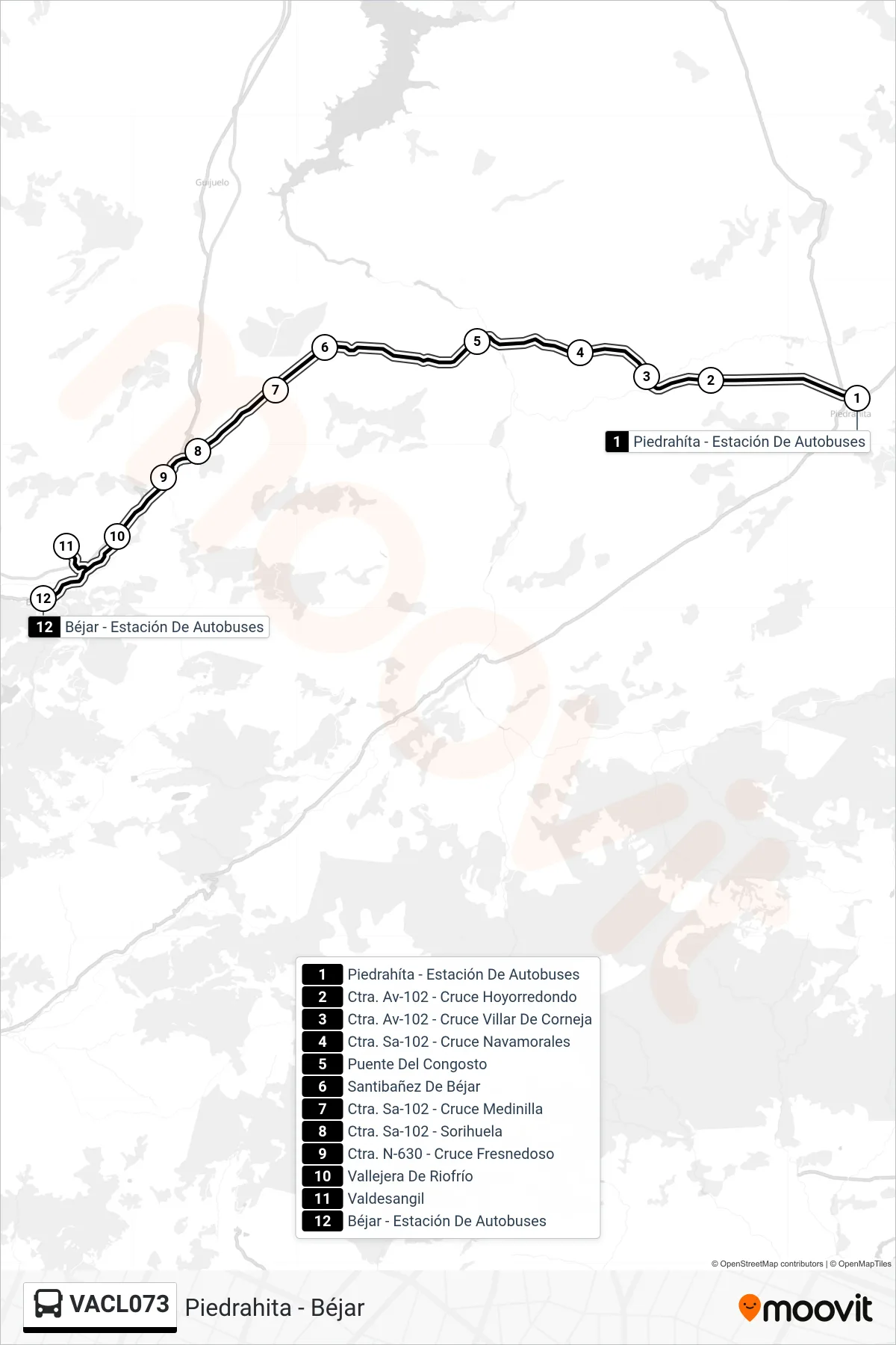 Ruta i parades de la línia VACL073 bus (Béjar) en un mapa